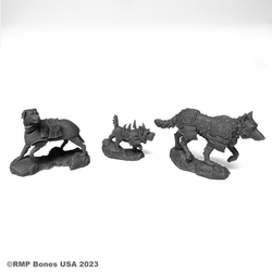 07100 War Dogs sculpted by Andrew Pieper from the Reaper Miniatures Bones USA Dungeon Dwellers range. A set of three armoured dog RPG miniatures for your gaming table.