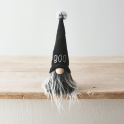Boo Gonk, a 19cm-tall charming little gnome with a black pointy hat and white-embroidered Boo, fuzzy grey beard