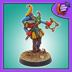Bad Squiddo Games Coopie the Jester. A metal miniature of a jester in full traditional dress holding a tambourine with bells made from skulls and wearing curly toed shoes.