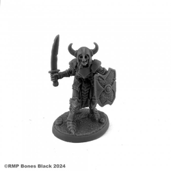 20321 Sir Rictus The Undying sculpted by B Ridolfi from the Reaper Miniatures Bones Black range. A limited edition RPG miniature representing a skeleton wearing armour and holding a sword and shield for your tabletop games.