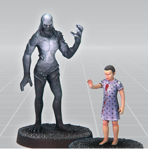 Psychic Rivals by Crooked Dice a set of two 28mm scale miniatures for your tabletop games representing a child and an alien creature with one of their hands up as if locked in a psychic conflict or some other stranger thing