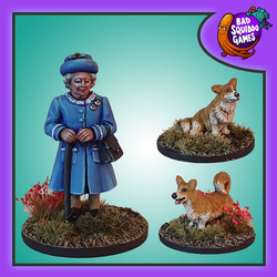 Bad Squiddo Games Queen Elizabeth II: The Later Years.  A pack of three metal miniatures representing the Queen Elizabeth the Second in her later years with her famous handbag, this pack also contains two Corgis