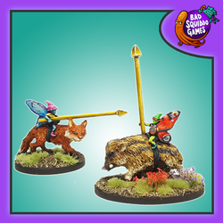 Bad Squiddo Games Fairy Cavalry: Forest Friends.  A pack of two metal miniatures representing fairies holding spears with one riding a fox and one riding a bore