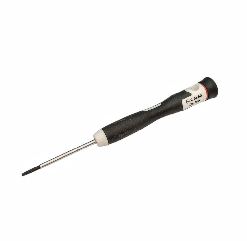 Screwdriver with black handle and silver blade on a white background. Expo Tools 2.5mm flatblade screwdrive