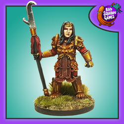 Bad Squiddo Games Fang the Bounty Hunter. A metal miniature of a female bounty hunter filled with details such as wrapped ponytail, elaborate armour and carrying a staff