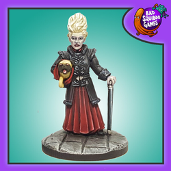 Bad Squiddo Games Poppy The Head Vampire. A metal miniatures by Bad Squiddo Games representing a vampire in charge with her cane in one hand and her faithful companion pug.