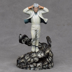 Darius, The Man From 2000 by Crooked Dice, a 28mm scale white metal miniature with a resin base for your RPG or tabletop game representing a man from the future with his hands against the side of his head and his elbows out straight to the side.&nbsp;&nbsp;
