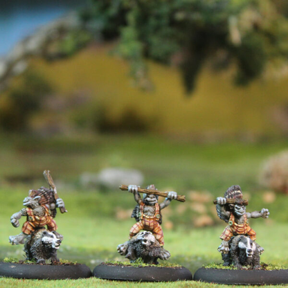 Pixie Badger Riders by Oakbound Studio. A pack of three multipart lead pewter miniatures supplied with 30mm round lipped bases. These fierce pixies can be used riding their badger steeds or on foot 
