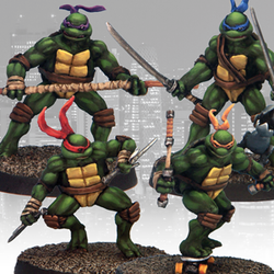 Mutant Martial Artists by Crooked Dice.&nbsp; A pack of four metal miniatures representing turtles who know how to perform martial arts sporting various weapons with one riding a skateboard for your nostalgic RPGs and tabletop games.