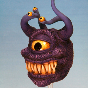 Evil Eye 1 by Crooked Dice, one 28mm scale resin miniature representing a large floating head with one large eye and another four eyeballs on stalks coming from the top of the head for your alien RPG, horror tabletop game, dungeon and more.&nbsp;