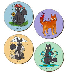 Spooky Cat Elements Coasters. A set of four adorable coasters featuring Spooky Cat representing Earth, Fire, Air and Water.