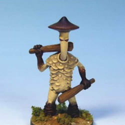 Mushiman Champion by Crooked Dice, a 28mm scale resin miniature for your RPG or tabletop game representing a giant mushroom creature holding two clubs.