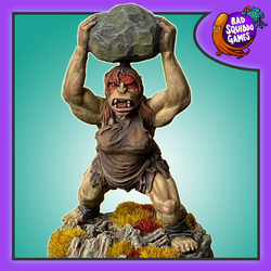 Bad Squiddo Games Luda the Feral Ogre.  A resin miniature representing a female Ogre holding a large rock above her head in an aggressive pose