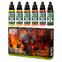 Flaming Orange Paint Set by Green Stuff World. A set of 6 acrylic paints with an opaque and smooth matt finish to help you achieve a flaming look for your miniatures. Made using the new Green Stuff World Maxx Formula