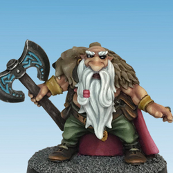 Dwarf Berserker by Crooked Dice, one 28mm scale white metal miniature for your RPG or tabletop game representing a dwarf with a long beard, holding an axe and wearing a bear skin with the head on his shoulder.