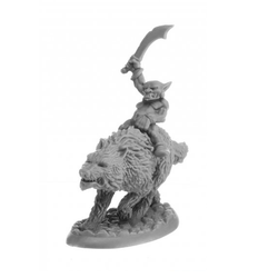 20307 Goblin Wolfrider Sword sculpted by Bobby Jackson from the Reaper Miniatures Bones Black range. A limited edition RPG miniature representing a goblin holding a sword above his head riding a wolf for your tabletop games.