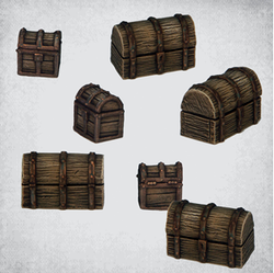 Chest Set by Crooked Dice a pack of seven wooden chest miniatures being four large chests at approximately 32mm long, 21mm wide and 16mm high and three smaller chests at 21mm long, 18mm wide and 13mm high. 