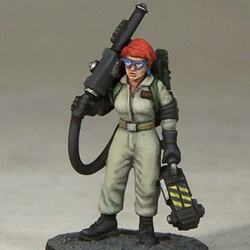 Janey, Paranormal Exterminator by Crooked Dice, one 28mm scale white metal miniature for your RPG or tabletop game representing a female ghost hunter with special equipment for the job.