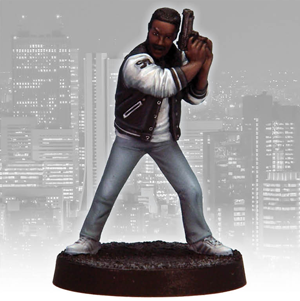Maverick Cop 3 by Crooked Dice a white metal 28mm scale miniatures for your tabletop games representing a movie action hero cop holding a gun, wearing a jacket and jeans defending such places as Beverly Hills and more