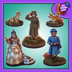 Bad Squiddo Games Queen Elizabeth II The Collection. A set of five single sculpt metal miniatures representing her royal highness Queen Elizabeth the second across the ages including WW2, Coronation and later years. This pack also contains two Corgis to add more character to your RPGs, dioramas, tabletop gaming and more. 