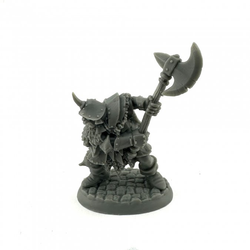 20318 Orch Champion With Axe by Bobby Jackson from the Reaper Miniatures Bones Black range. A limited edition (in Bones Black) RPG miniature representing a male orc holding an axe with both hands for your tabletop games