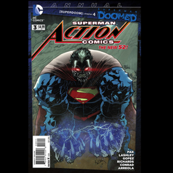 Superman Doomed Action Comics Annual #3 The New 52 from DC comics, written by Greg Pak and art by Jack Herbert. As an epic space battle rages above the Earth, how will humanity and the other heroes of the DC Universe cope with this Day of Doom?  