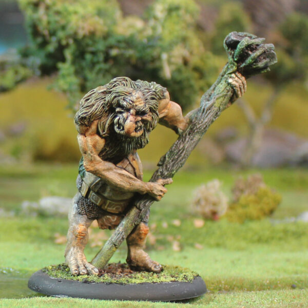 Wild Tjitnir of the Pines by Oakbound Studio. A lead pewter miniature of a large goblin holding a club made from a tree