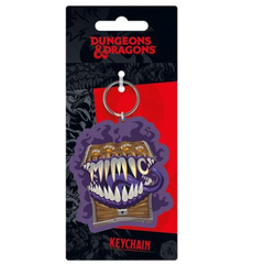 Dungeons and Dragons Mimic PVC Keychain. A PVC keyring featuring a classic chest mimic on a purple background on a silver ring, great for a RPG fan.    