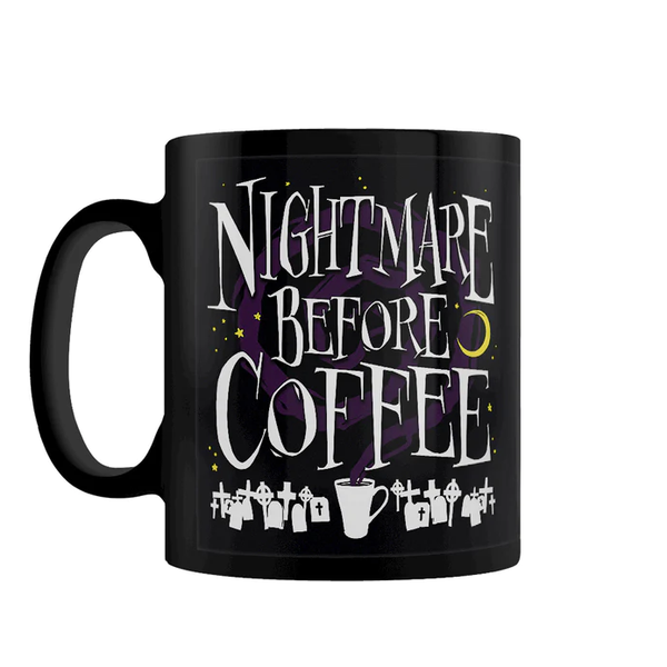 A Nightmare Before Coffee Black Mug. A black mug with white, purple and yellow design and the words Nightmare Before Coffee in white