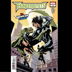 Thunderbolts #3 from Marvel Comics by Jackson Lanzing and Collin Kelly with art by Geraldo Borges. When an attempt to recruit U.S. Agent and his partner, Todd Ziller, to the fight against Red Skull goes terribly wrong, it will take everything in Shang-Chi's and Bucky Barnes' arsenals—and more than a little luck—to keep the American Kaiju from destroying Hong Kong