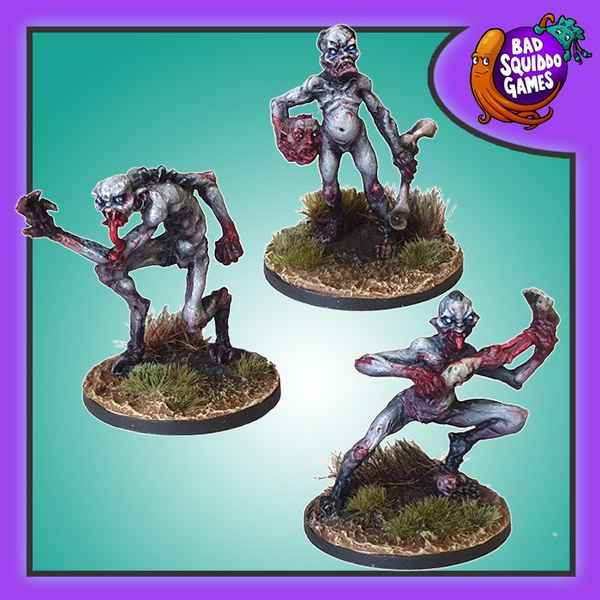 Ghoul Juvies, a pack of three metal miniatures by Bad Squiddo Games sculpted by Paul Muller. Wonderfully creepy naked monsters holding various body parts for your tabletop games, RPGs and hobby needs