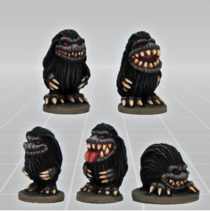 Mawmites by Crooked Dice a set of five white metal 28mm miniatures for your tabletop games representing cute critters with hairy bodies and rows of sharp teeth