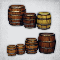 Barrel Set by Crooked Dice containing 5 wooden barrel miniatures to decorate your gaming table, add to your diorama, or as scatter for your RPG. Sculpted by Iain Colwell, cast in resin and provided unpainted.   