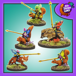 Bad Squiddo Games Fairy Cavalry Set.  A pack of five metal miniatures representing fairies holding spears with three riding squirrels, one riding a fox and one riding a bore