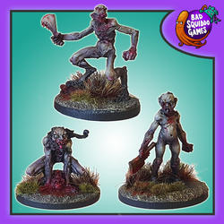 Youthful Ghouls, a pack of three metal miniatures by Bad Squiddo Games sculpted by Paul Muller representing three naked creatures. One creature is holding a piece of meat, the other an axe and the third is crouching over what could be described as dinner making great miniatures for your tabletop gaming, diorama and RPG needs
