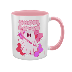 Ghoul Power Pink Inner 2 Tone Mug. Ghoul Power Pink Inner 2 Tone Mug. Show everyone your ghoul power with this cool pink and white mug featuring a ghost holding a baseball bat. 