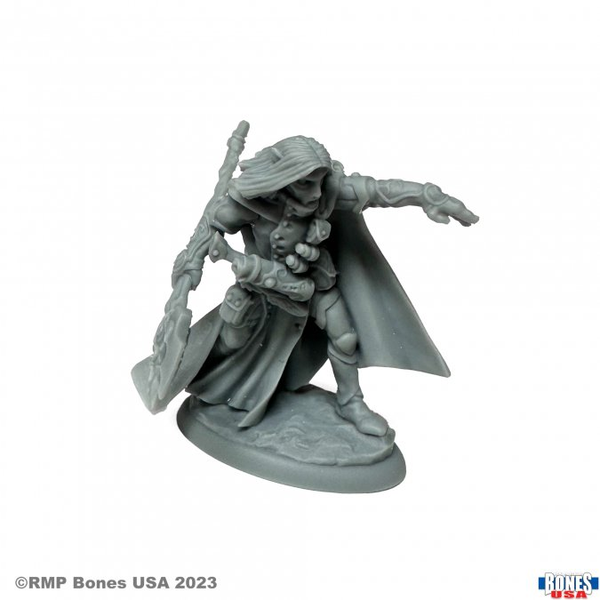 30158 Elquin The Daring from the Reaper bones USA legends range. An elf hero wearing a cloak and carrying a weapon in a dynamic pose, this digitally remastered miniature would make a great player character or npc in your tabletop games and RPGs.