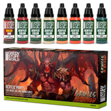 Skulls & Blood Paint Set by Green Stuff World. A set of 8 acrylic paints with an opaque and smooth matt finish. Made using the new Green Stuff World Maxx Formula and are provided in dropper bottles for easier flow control. 