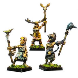 Wyrd Walkers by Oakbound Studio. A pack of three lead pewter miniatures of fighters or druids holding a staff and wearing various headdresses, great for your tabletop and RPGs. 