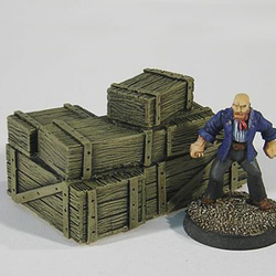 Large Crate Stack A by Crooked Dice, a resin miniature representing one large wooden crate stack sculpted by Jens Beckmann for your RPGs, wargaming settings and tabletop games.