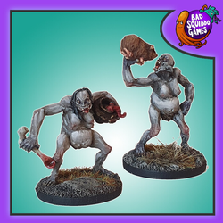 Hungry Ghouls, a pack of two metal miniatures by Bad Squiddo Games sculpted by Paul Muller representing two naked creatures one about to eat a guinea pig and the other holding a bone in one hand and a pot under the other arm making a great miniatures for your tabletop gaming, diorama and RPG needs