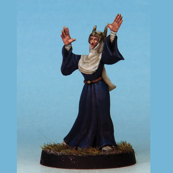 Skadi Witch Queen by Crooked Dice, one 28mm scale white metal miniature for your RPG or tabletop game representing a female evil queen or witch wearing a long dress and pointed headdress.