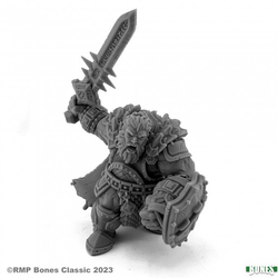 77768 Fire Giant Hellbringer sculpted by Chris Lewis from the Reaper Bones range of tabletop miniatures. This fantastic miniature represents a giant holding a sword above his head and a shield in his other hand making a great edition to your RPG, diorama or to add to your painting collection