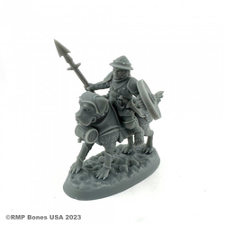 07114 Halfling Dog Rider sculpted by Glenn Harris from the Reaper Miniatures Bones USA Dungeon Dwellers range. A characterful miniature representing a male halfling holding a shield and a spear riding a St Bernard style dog making a great&nbsp;edition to your RPG and tabletop games.
