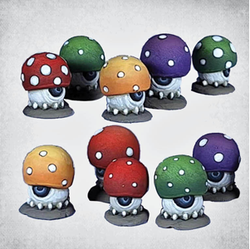 Shroomies Small by Crooked Dice a packed of ten small shroomies with little feet and one large eyeball. They are 10mm to 15mm high with integrated bases and would be rather 'fun guys' to add to your tabletop gaming and RPGs.  