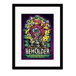Dungeons & Dragons Beholder Collector Print.  Decorate your home, work place or gaming space with this Beholder collectors print, supplied in a black frame with a white boarder, a bright and colourful piece of art for your wall or as a gift for a friend or your DM. 