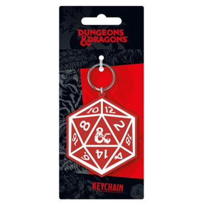 Dungeons and Dragons D20 dice PVC Keychain. A PVC keyring featuring red and white image to represent a D20 with the D&D symbol as the number 20 on a silver ring, great for a RPG fan.     