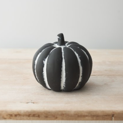 Black Cement Pumpkin 15cm.A wonderfully different black cement pumpkin with white line detail, a heavy ornament with a rustic style and imperfection design. 