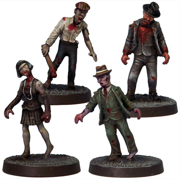 Four zombie figurines on bases with detailed clothing and expressions. Crooked Dice Pulp Zombies pack of 4 white metal miniatures