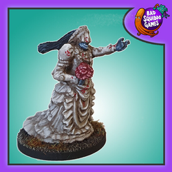 Bad Squiddo Games Eternal Bride. A metal miniatures representing an undead bride still in her wedding dress and veil holding out her hand in longing great for your RPGs, tabletop gaming and more.